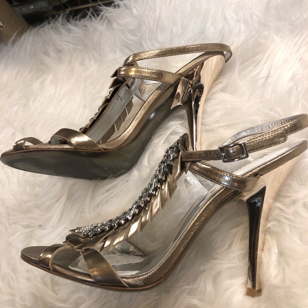 Marciano gold & rhinestone feathered heels